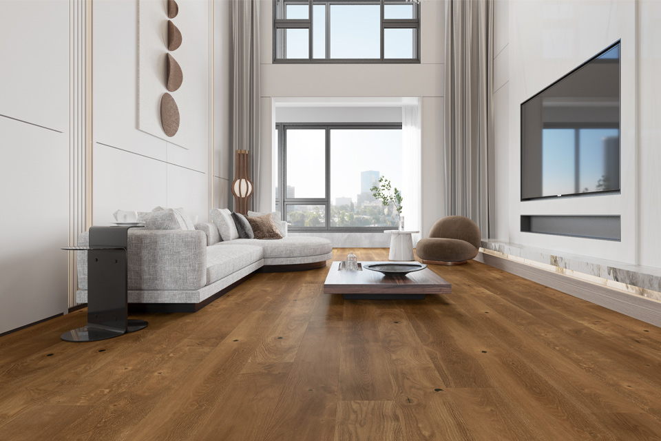 hardwood flooring in living room with natural decor.